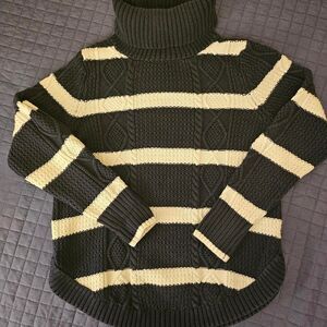 Nautical Striped Cable Knit Sweater - Chunky Turtleneck - Navy & White